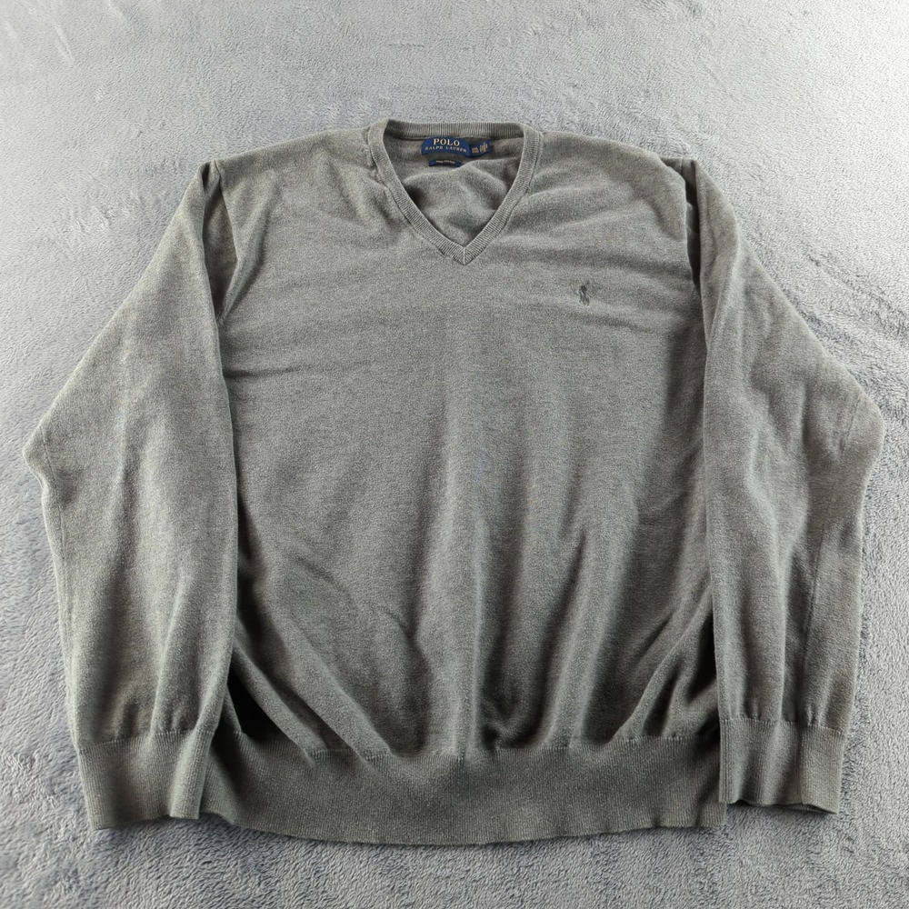 Polo Ralph Lauren Sweater Mens 2XL Gray Pima Cotton‎ V Neck Pullover Knit
